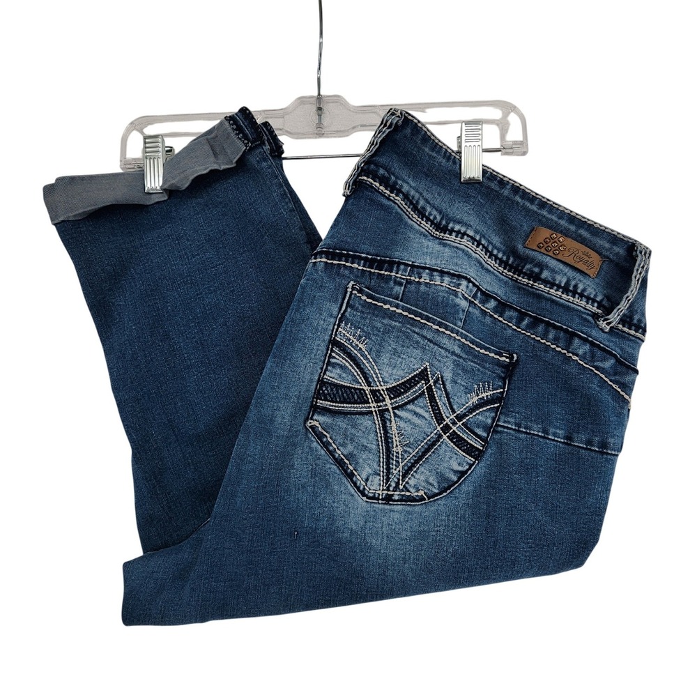 Royalty 20W Blue Capri Jeans Y2K Contrast Stitch Embroidered Pockets Plus Size